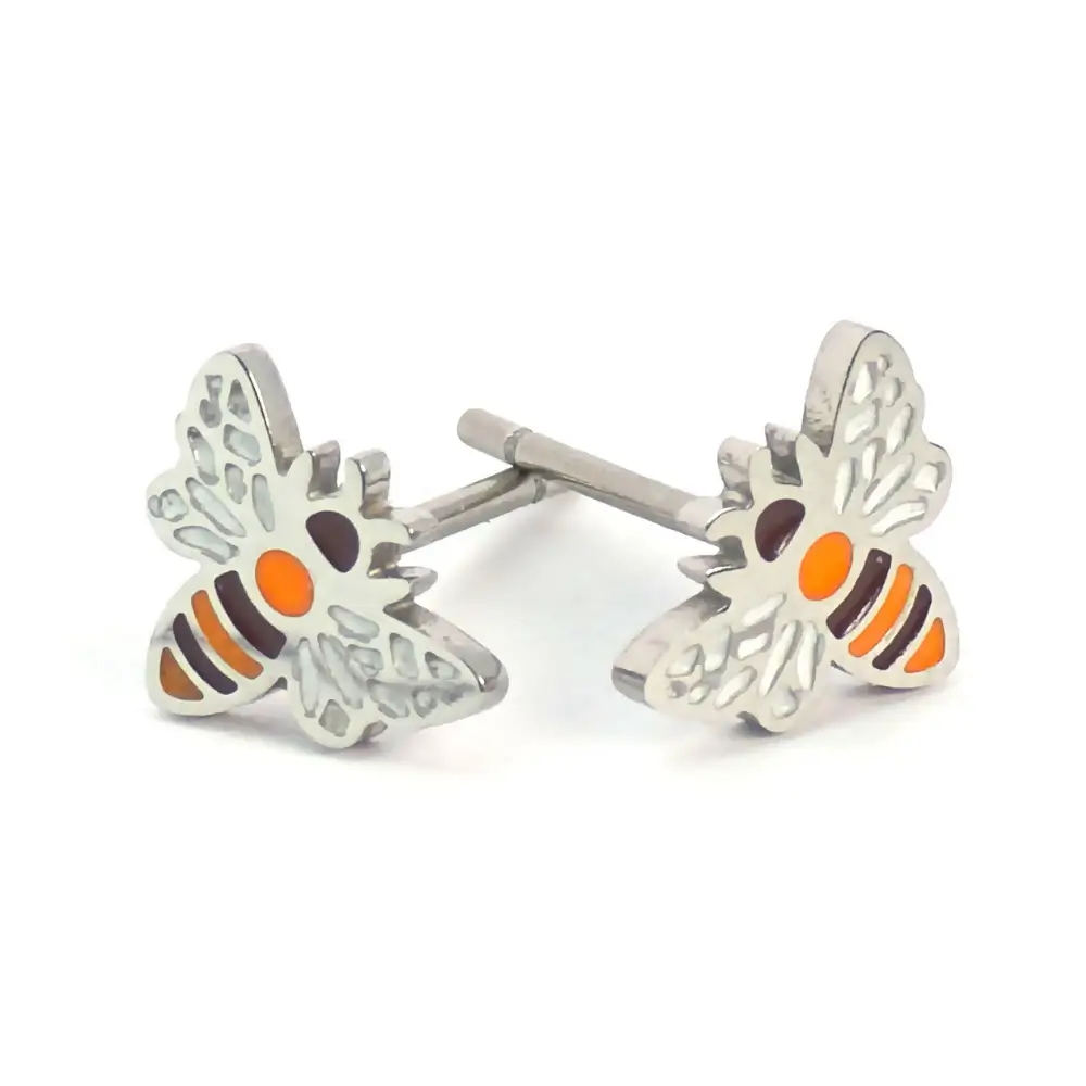 Silver-trimmed stud earrings shaped like a small white and orange striped bumblebee,