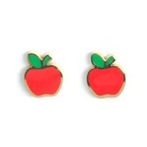 Gold-trimmed stud earrings shaped like a red apple with a green leaf.
