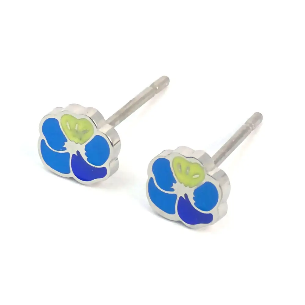Silver-trimmed stud earrings shaped like a blue and yellow enamel flower,