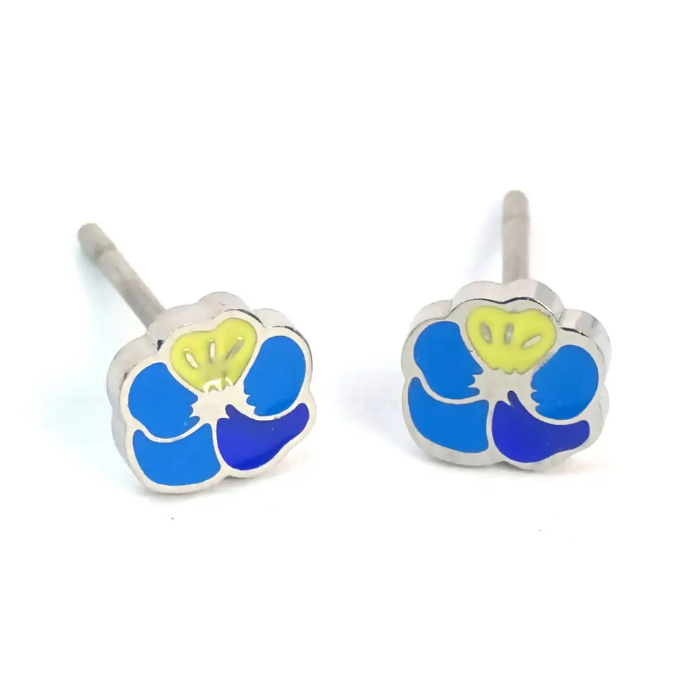 Silver-trimmed stud earrings shaped like a blue and yellow enamel flower,
