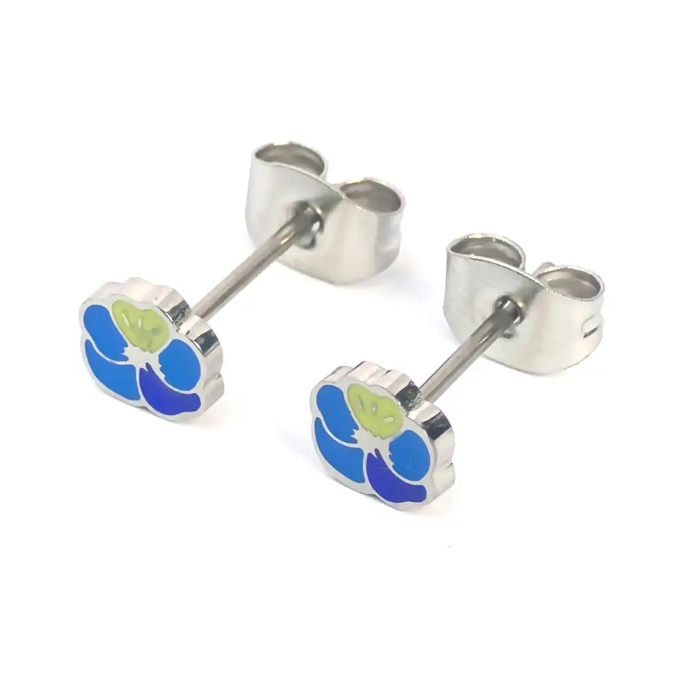 Silver-trimmed stud earrings shaped like a blue and lime green enamel flower, shown with the earring backs attached.