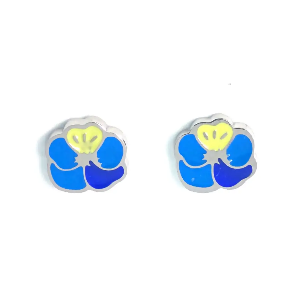 Silver-trimmed stud earrings shaped like a blue and yellow enamel flower.