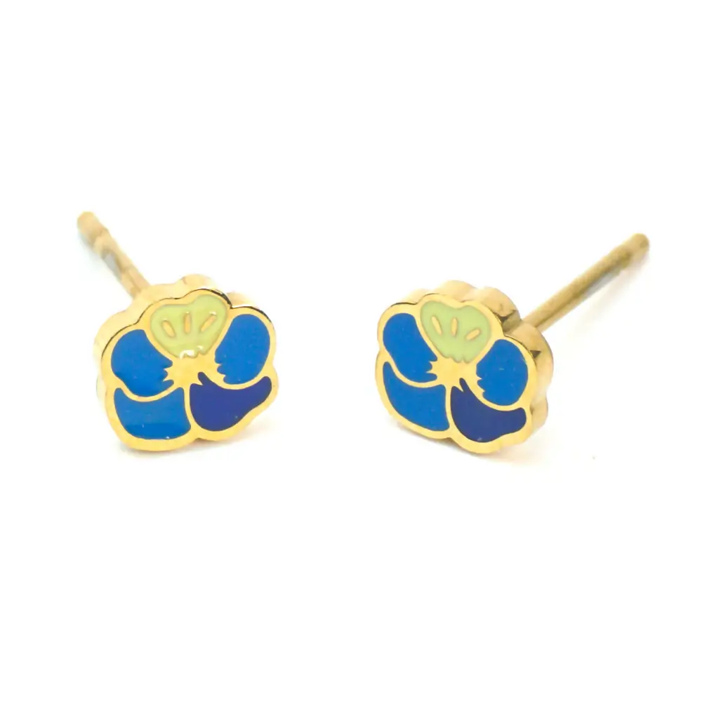 Gold-trimmed stud earrings shaped like a blue and yellow enamel flower.