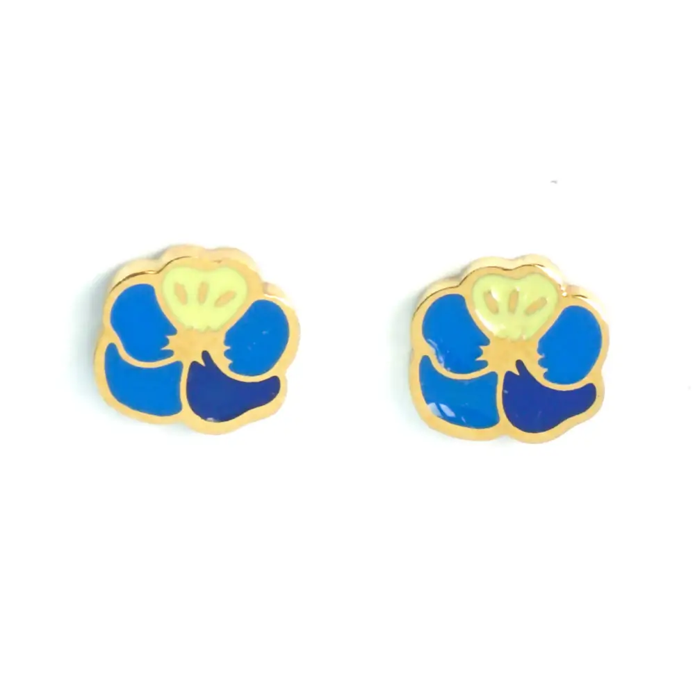 Gold-trimmed stud earrings shaped like a blue and yellow enamel flower.