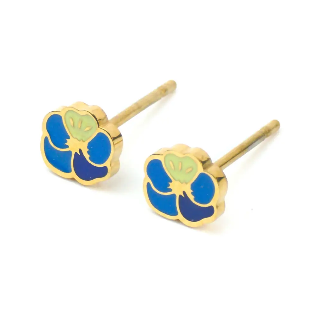 Gold-trimmed stud earrings shaped like a blue and yellow enamel flower.