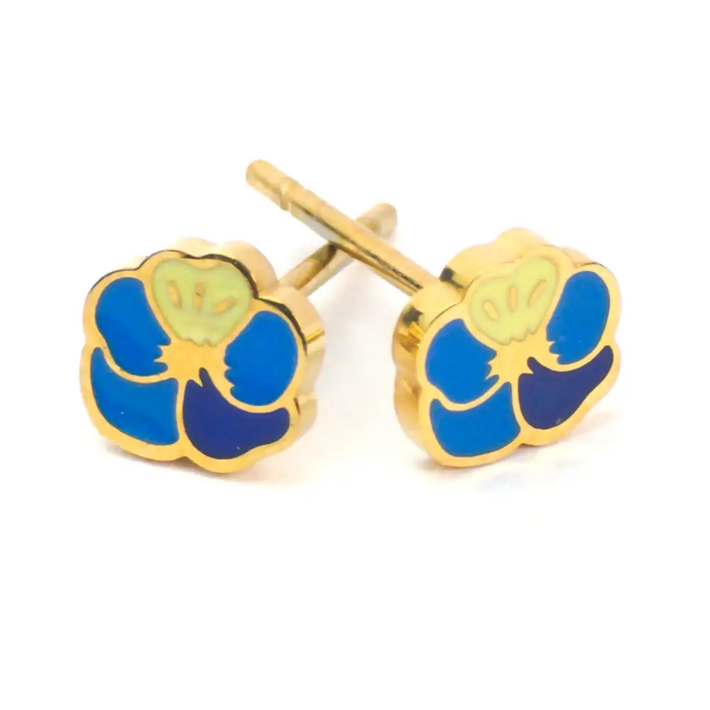 Gold-trimmed stud earrings shaped like a blue and yellow enamel flower.