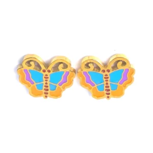 Front-facing view of butterfly earrings by Michelle Stephen, crafted in gold-tone metal with enamel inlays of turquoise blue wings, orange borders, pink accents, and maroon dots on the body, designed in a symmetrical and colorful style.
