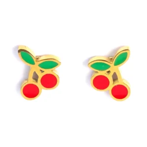 Playful cherry stud earrings by Michelle Stephen, featuring red enamel cherries with green leaves on gold-plated posts.
