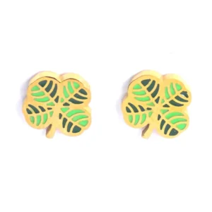 Whimsical four-leaf clover stud earrings by Michelle Stephen, featuring a gold base with green and dark green enamel detailing on gold-plated posts.