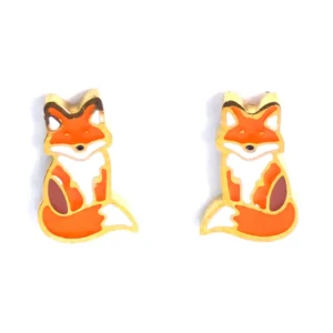 Charming gold fox stud earrings by Michelle Stephen, showcasing a detailed sitting fox design in orange, white, and brown enamel on gold-plated fronts, viewed without posts.