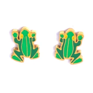A pair of frog-shaped gold stud earrings by Michelle Stephen, designed with vivid green and yellow enamel. The earrings are laid flat to display the full frog silhouette, capturing their whimsical and playful design.