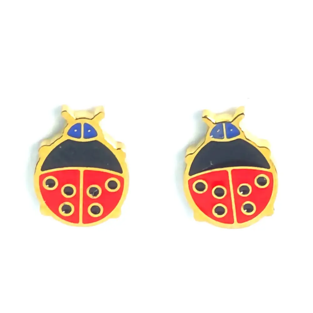 Red and black ladybug earrings with gold outline and blue detail.