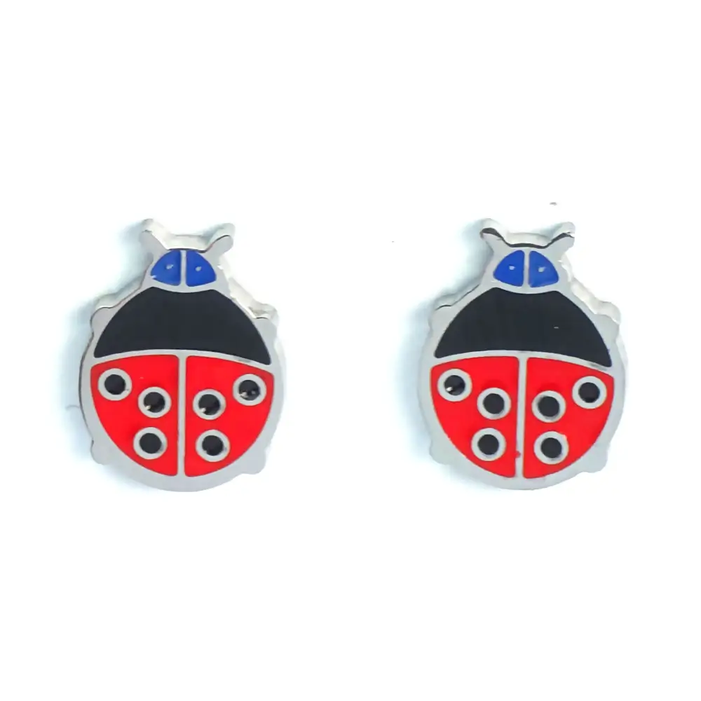 Silver-trimmed stud earrings shaped like a red and black ladybug with blue accents.