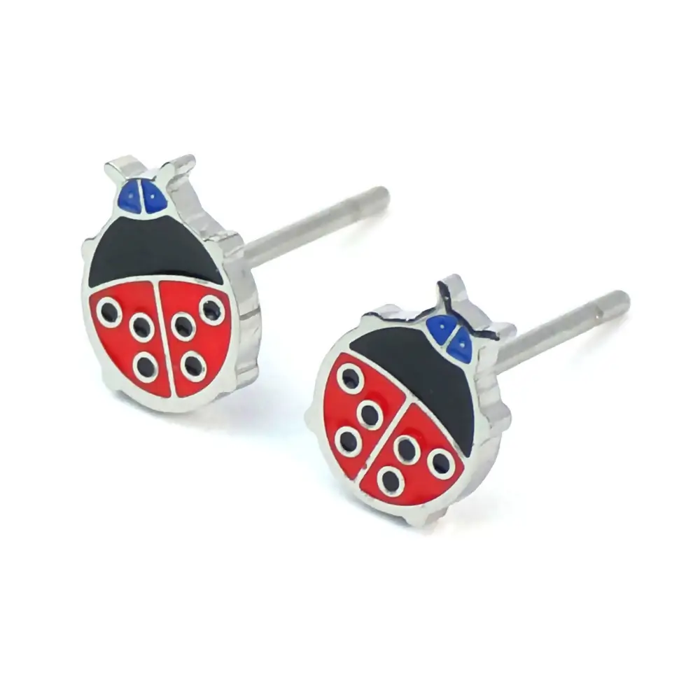 Silver-trimmed stud earrings shaped like a red and black ladybug with blue accents.