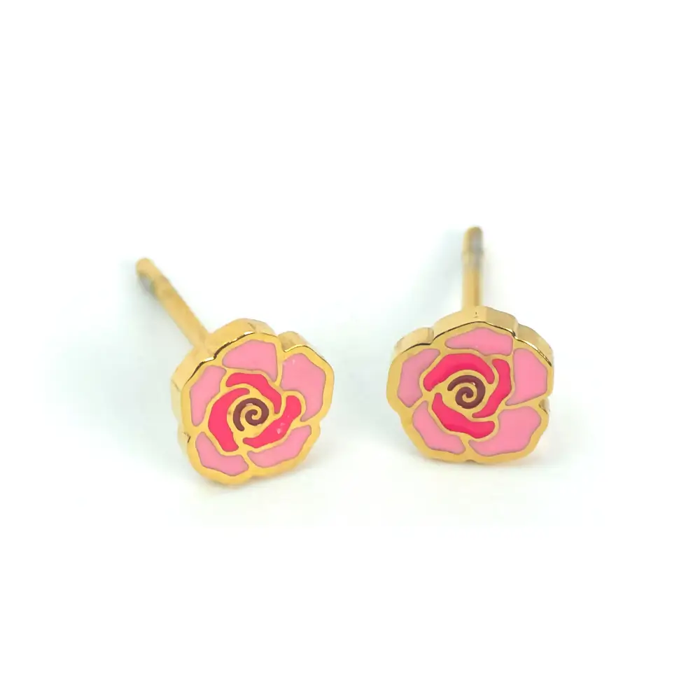 Pair of small rose-shaped stud earrings. The earrings have gold-tone metal outlines and pink enamel petals with darker pink highlights in the center. They are displayed facing forward on a white background.