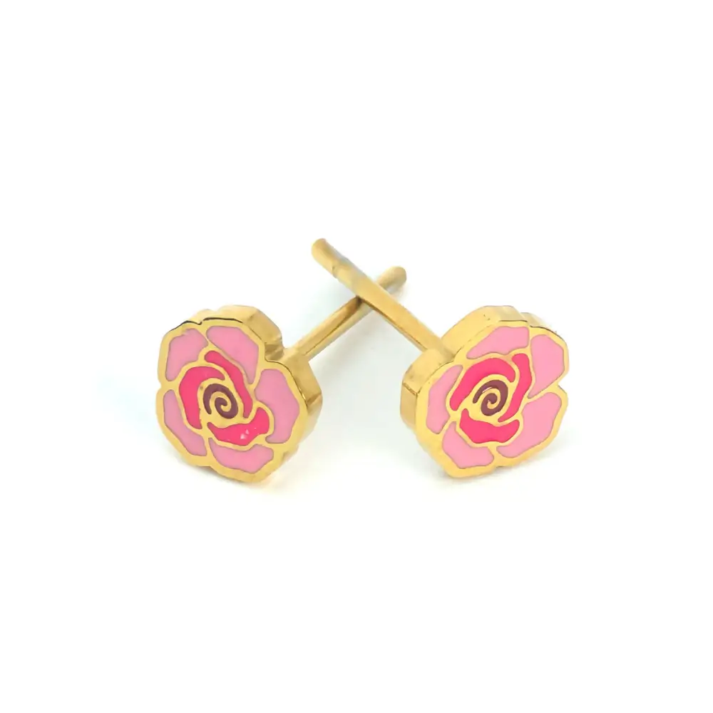 Pair of small stud earrings shaped like roses, with gold-tone metal outlines and pink enamel petals. The earrings are displayed at a slight angle, showing the posts and backings.