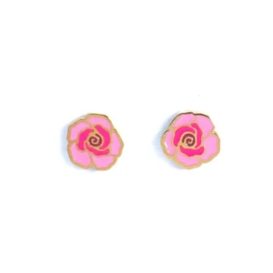 Pair of small stud earrings shaped like roses. The earrings feature gold-tone metal outlines with light pink and darker pink enamel petals. The earrings are displayed facing forward on a white background.