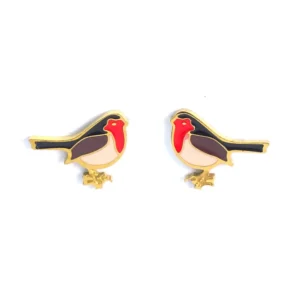 Gold-trimmed stud earrings shaped like a black, red, and beige robin.