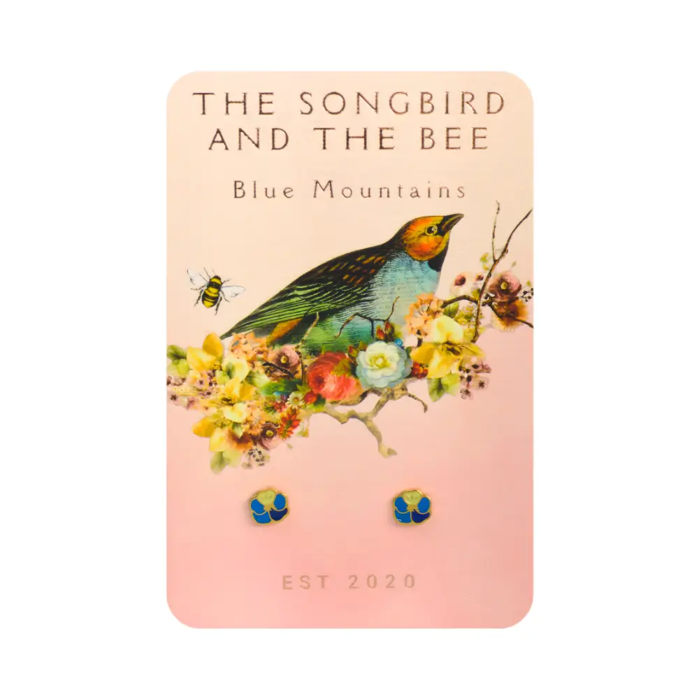 blue violet earrings on a card