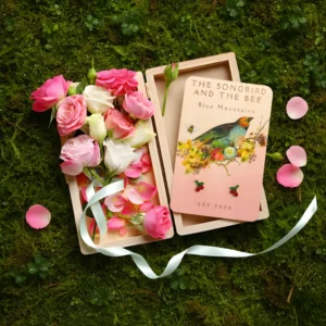 cherry earrings on a card on a box filled with roses on placed on top of mossy ground