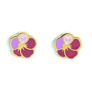 Gold-trimmed stud earrings shaped like a violet and magenta flower, shown in a direct, front-facing view.
